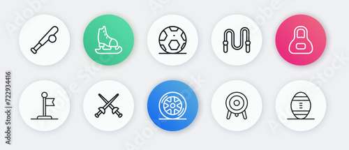 Set line Car wheel, Weight, Flag, Target sport, Jump rope, Soccer football ball, American Football and Fencing icon. Vector