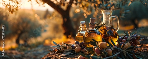 golden olive oil bottles with olives leaves and fruits setup in the middle of rural olive field with morning sunshine as wide banner with copyspace area - Generative AI photo