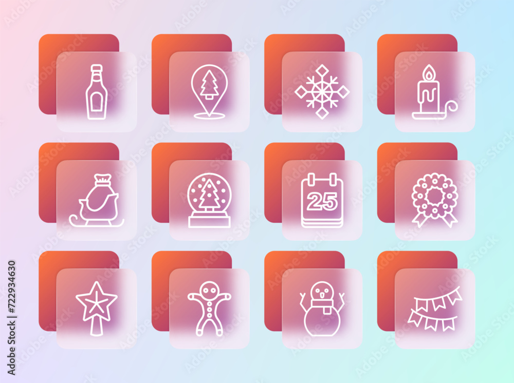 Set line Burning candle, Holiday gingerbread man cookie, Christmas calendar, snowman, globe, Snowflake, Champagne bottle and tree icon. Vector Set line Burning candle, Holiday gingerbread man cookie, Christmas calendar, snowman, globe, Snowflake, Champagne bottle and tree icon. Vector