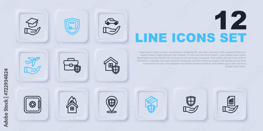 Set line Shield in hand, Contract, Briefcase with shield, Delivery security, Plane, Fire burning house, and Location icon. Vector Set line Shield in hand, Contract, Briefcase with shield, Delivery security, Plane, Fire burning house, and Location icon. Vector