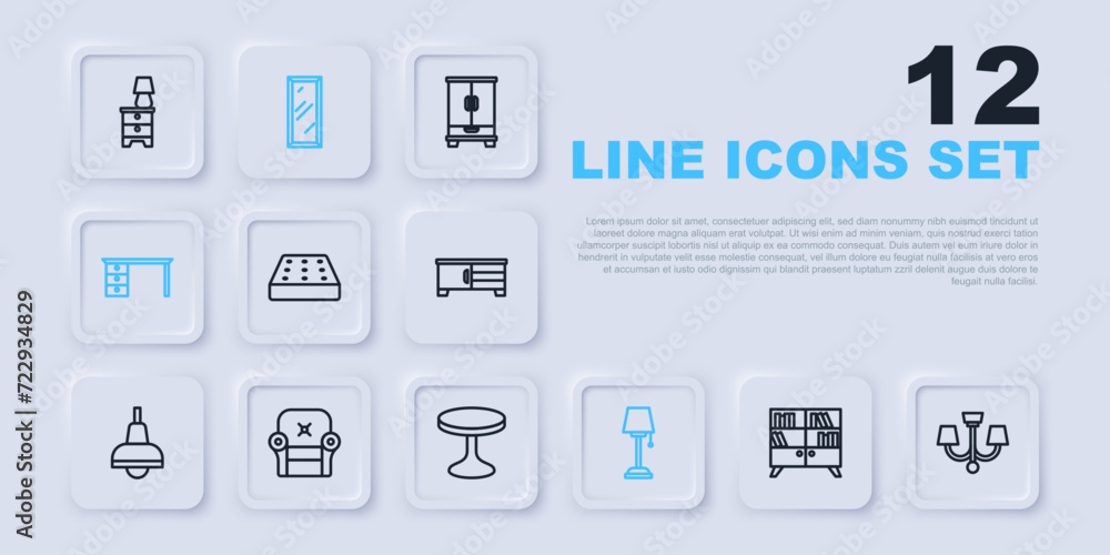 Set line Library bookshelf, Chandelier, Mattress, Floor lamp, Office desk, Armchair, Big full length mirror and Round table icon. Vector Set line Library bookshelf, Chandelier, Mattress, Floor lamp, Office desk, Armchair, Big full length mirror and Round table icon. Vector
