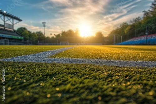 Close up of green turf of soccer field with white line marking and blurred sunset in the background © Adobe Contributor
