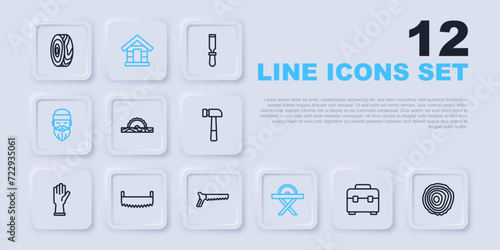 Set line Toolbox, Tree rings, Electric circular saw, Lumberjack, Two-handed, Dog house and Hand icon. Vector