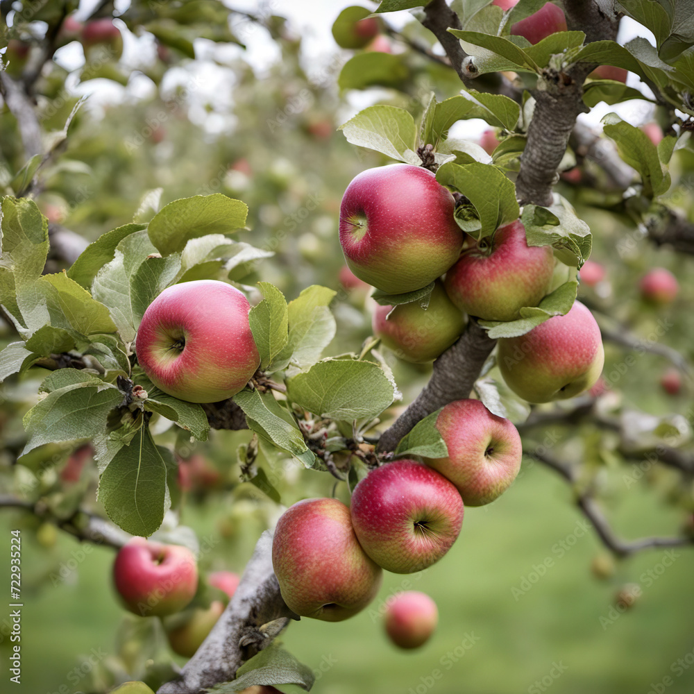 Obraz premium Red apples on a branch in an apple orchard ready for harvesting