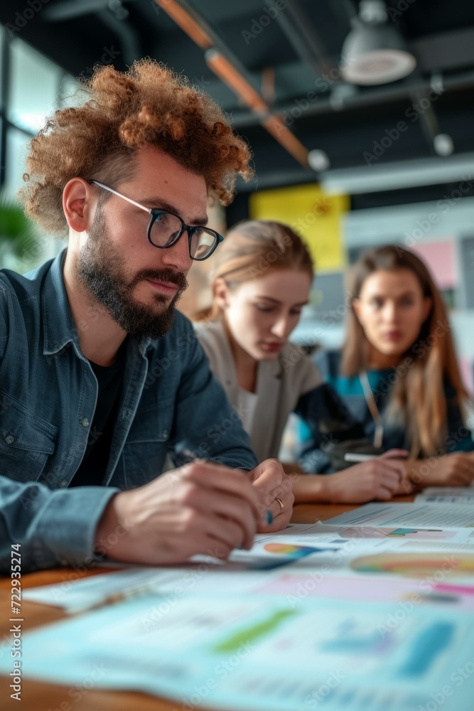 Bearded man in glasses reviews paperwork with two women in the background Bearded man in glasses reviews paperwork with two women in the background