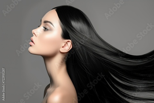Cute charming pretty woman with silky long straight flying hair