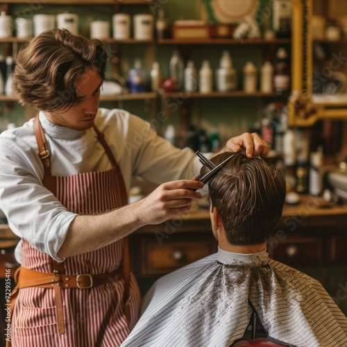 Barber giving a haircut to a customer in a barbershop