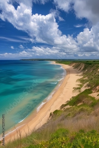 The beach is long and sandy with green vegetation on the dunes and the water is a beautiful blue and green color and the sky is blue and cloudy