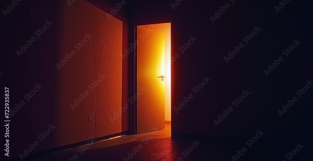 Dark Room, Light Coming In Through an Open Door - New Possibilities, Hope, Overcome Problems, Solution Finding Concept Dark Room, Light Coming In Through an Open Door - New Possibilities, Hope, Overcome Problems, Solution Finding Concept