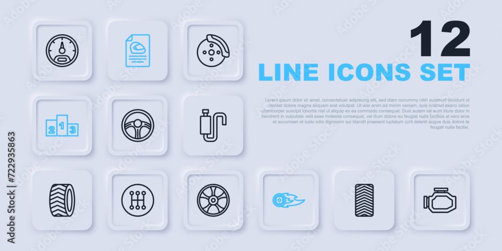 Set line Car tire wheel, Check engine, Racing steering, Wheel fire flame, Award over sports winner podium, Gear shifter, helmet and Alloy for car icon. Vector Set line Car tire wheel, Check engine, Racing steering, Wheel fire flame, Award over sports winner podium, Gear shifter, helmet and Alloy for car icon. Vector