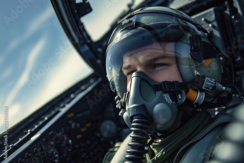 Pilot in cockpit of military fighter jet
