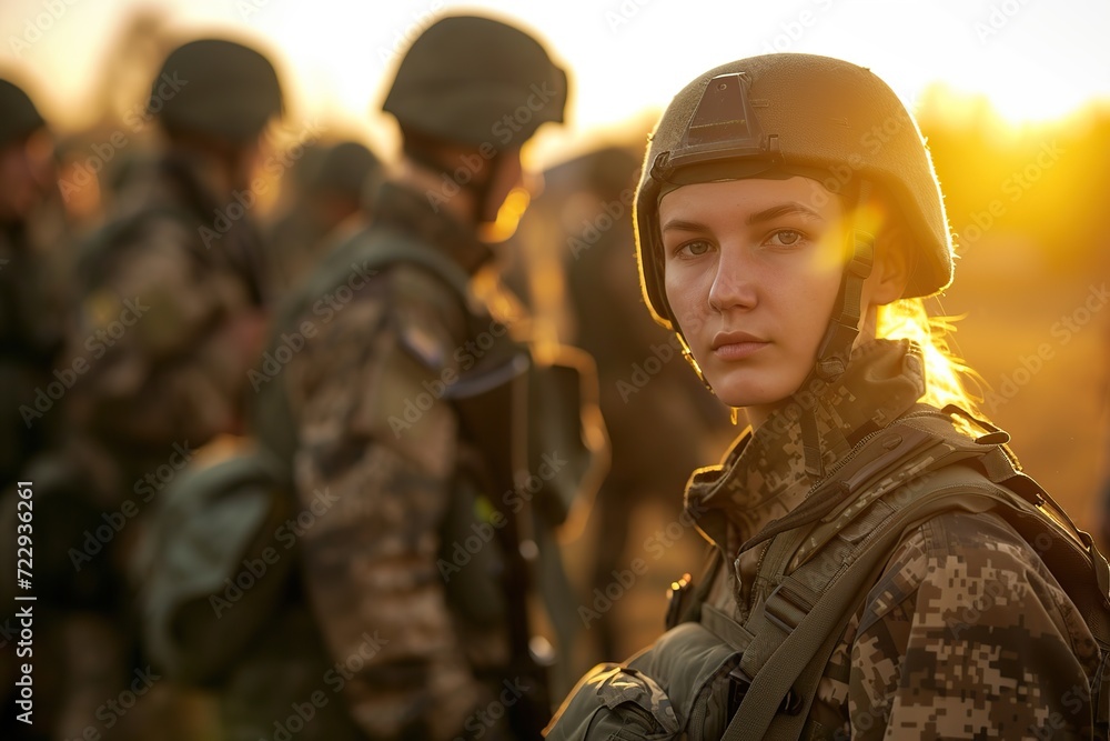 Woman soldier in military uniform on sunlights background Woman soldier in military uniform on sunlights background