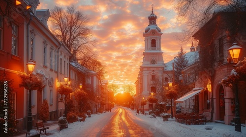 Snowy street in a European city at sunset
