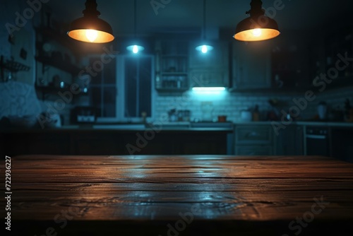 Rustic wooden table in front of blurred kitchen interior background with brick wall and hanging lamps