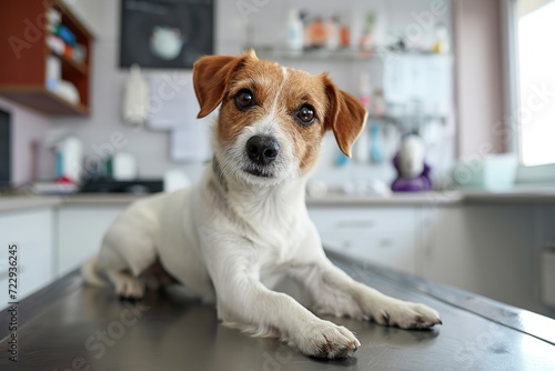 Beautiful dog on table in clinic