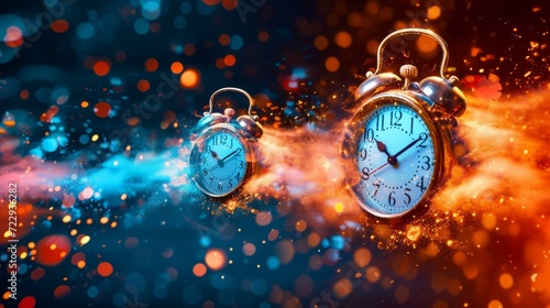 Two vintage alarm clocks with glowing particles photo