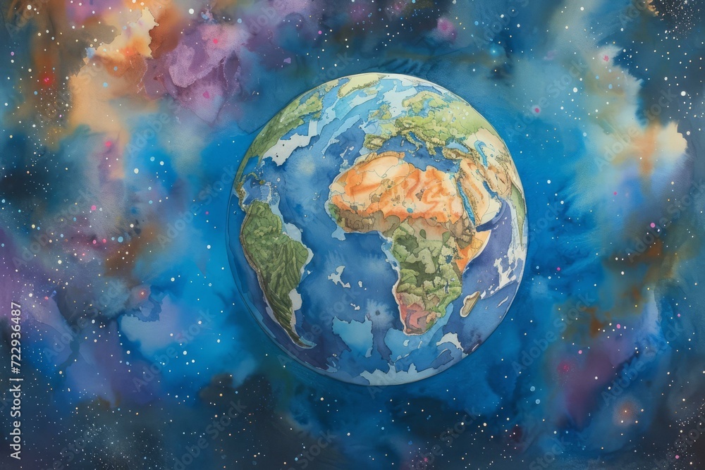 Naklejka premium Artistic watercolor painting of planet Earth from space with stars and colorful nebula