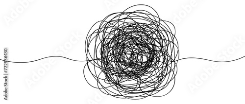 Chaos of tangled scribbles. A round black ball of curls with a beginning and an end. Sketch. Vector illustration. A hand-drawn object made from scratched swirling threads. 