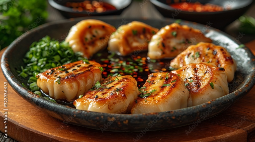 Dumplings Gyoza on a plate well decorated product photo Dumplings Gyoza on a plate well decorated product photo