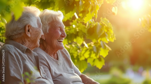 Happy elderly couple sitting on a bench in the park