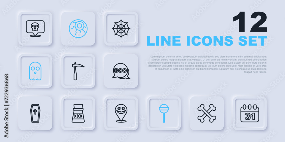 Set line Crossed bones, Halloween date 31 october, Scythe, Lollipop, Ghost, Bottle with potion, Eye and Happy holiday icon. Vector Set line Crossed bones, Halloween date 31 october, Scythe, Lollipop, Ghost, Bottle with potion, Eye and Happy holiday icon. Vector