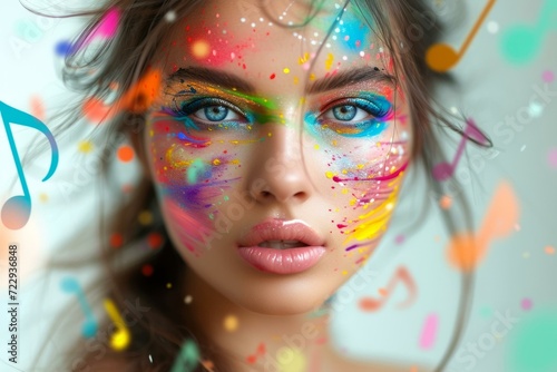 Colorful face paint design with musical notes