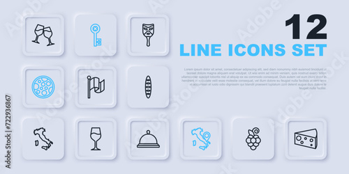 Set line Grape fruit, Cheese, Flag Italy, Map of, Pizza, Wine glass, Old key and Covered with tray food icon. Vector