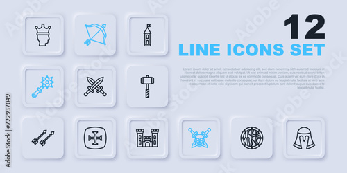 Set line Round wooden shield, Medieval helmet, Crossed medieval sword, Skull with, Mace spikes, Crusade, bow and arrow and Castle icon. Vector