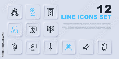 Set line Medieval arrows, King with crown, Crusade, Crossed medieval sword, helmet, and icon. Vector