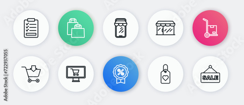 Set line Discount percent tag, Hand truck and boxes, Add to Shopping cart, Heart, Market store, Online shopping on phone, Hanging sign with text Sale and monitor icon. Vector