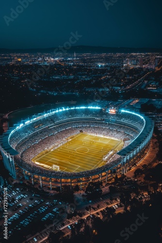 Aerial view of a soccer stadium at night with the lights on and people in the stands
