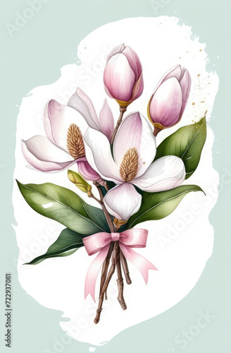 Watercolor bouquet of magnolia branch tide up by purple ribbon on white background, Botanical herbal illustration for wedding or greeting card, Wallpaper, wrapping paper design, textile, scrapbooking