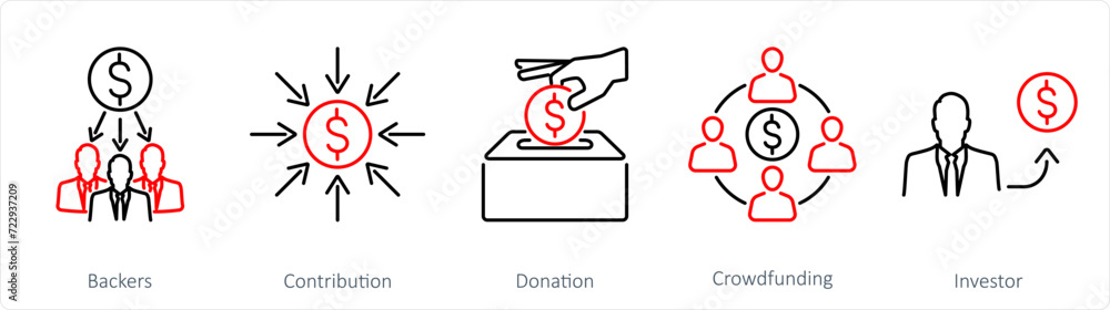 A set of 5 Crowdfunding icons as backers, contribution, donation A set of 5 Crowdfunding icons as backers, contribution, donation