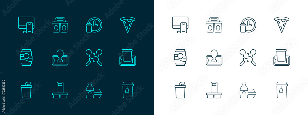 Set line Slice of pizza, Coffee cup to go, Meatballs on wooden stick, Online ordering food, Food mobile, Round the clock delivery, and icon. Vector Set line Slice of pizza, Coffee cup to go, Meatballs on wooden stick, Online ordering food, Food mobile, Round the clock delivery, and icon. Vector