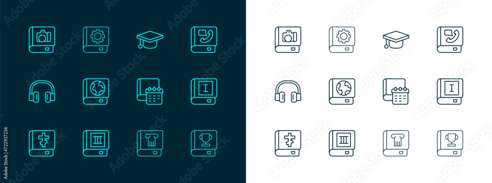 Set line Phone book, Book, Daily paper notepad, History, Earth globe and, Graduation cap, Photo album gallery and User manual icon. Vector Set line Phone book, Book, Daily paper notepad, History, Earth globe and, Graduation cap, Photo album gallery and User manual icon. Vector