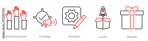 A set of 5 Crowdfunding icons as social partcipation, campaign, prototype