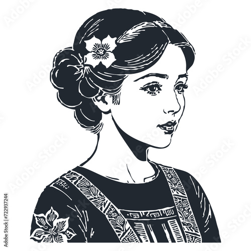 Young brunette woman with a flower on her head in Hawaiian style, engraving style, vector illustration