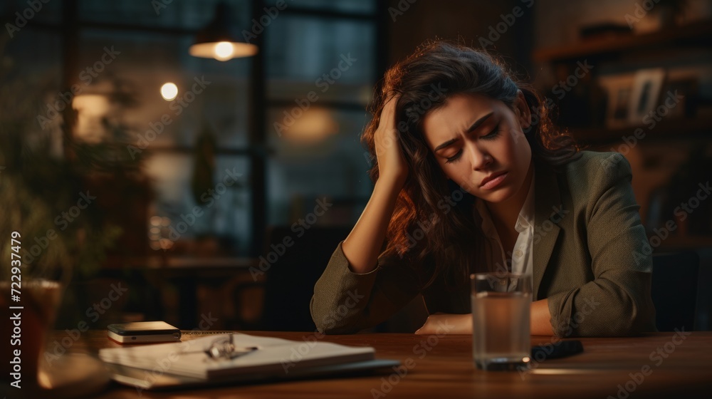 Tired businesswoman sleeping on the desk. Neural network AI generated art Tired businesswoman sleeping on the desk. Neural network AI generated art