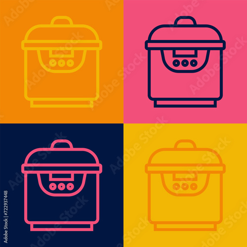 Pop art line Slow cooker icon isolated on color background. Electric pan. Vector