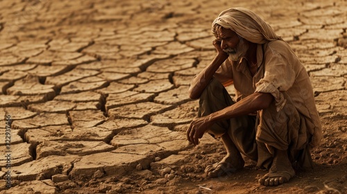 a sad Indian farmer sitting on dry soil, patiently waiting for the much-needed rain, challenges of climate change, the impact on farmers, agriculture life