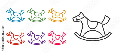 Set line Wooden horse in saddle swing for little children icon isolated on white background. Set icons colorful. Vector