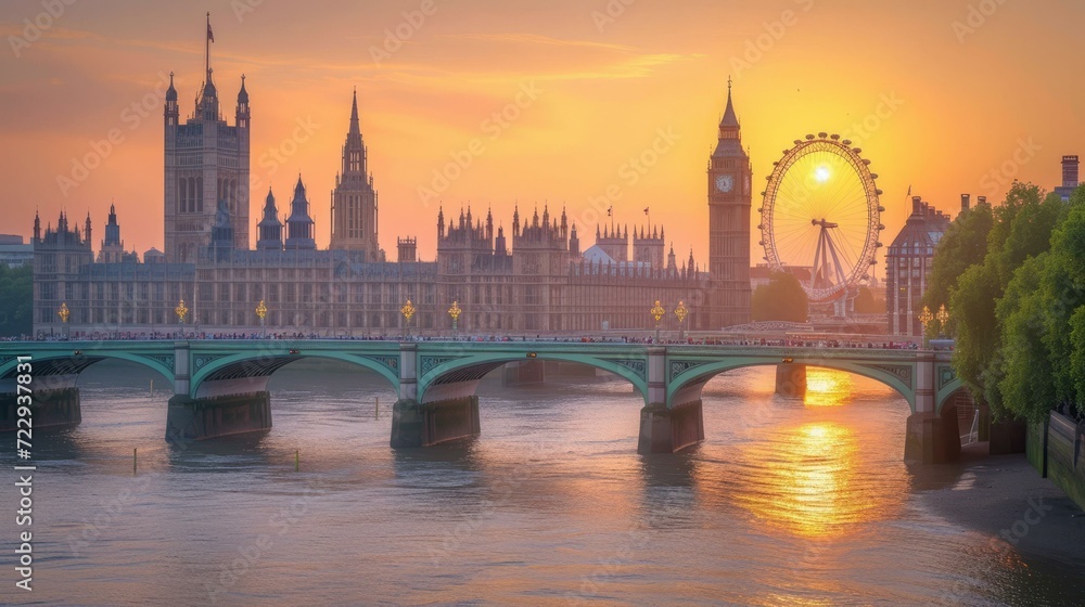 London cityscape with the Palace of Westminster and the London Eye at sunset