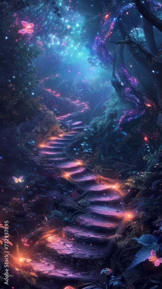 Mystical Glowing Forest Path with Stairs