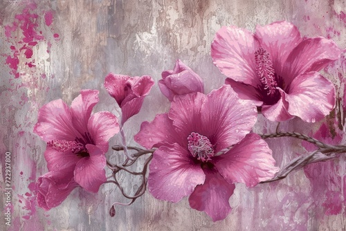 Pink hibiscus flowers with dew drops on a beige background