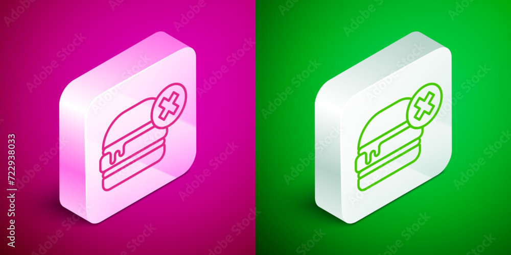 Isometric line No burger icon isolated on pink and green background. Hamburger icon. Cheeseburger sandwich sign. Fast food menu. Silver square button. Vector Isometric line No burger icon isolated on pink and green background. Hamburger icon. Cheeseburger sandwich sign. Fast food menu. Silver square button. Vector