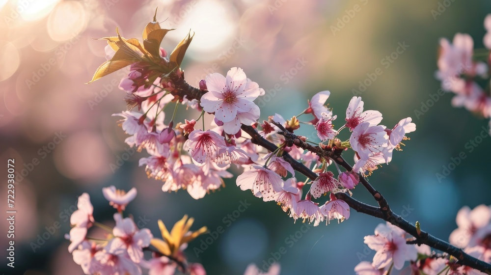 sakura cherry blossom branch against a blurred morning background, beauty of spring, and the tranquil ambiance sakura cherry blossom branch against a blurred morning background, beauty of spring, and the tranquil ambiance