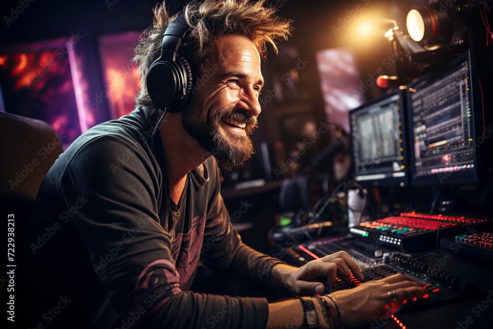 Happy smiling white man gamer streamer playing online games in front of computer monitor