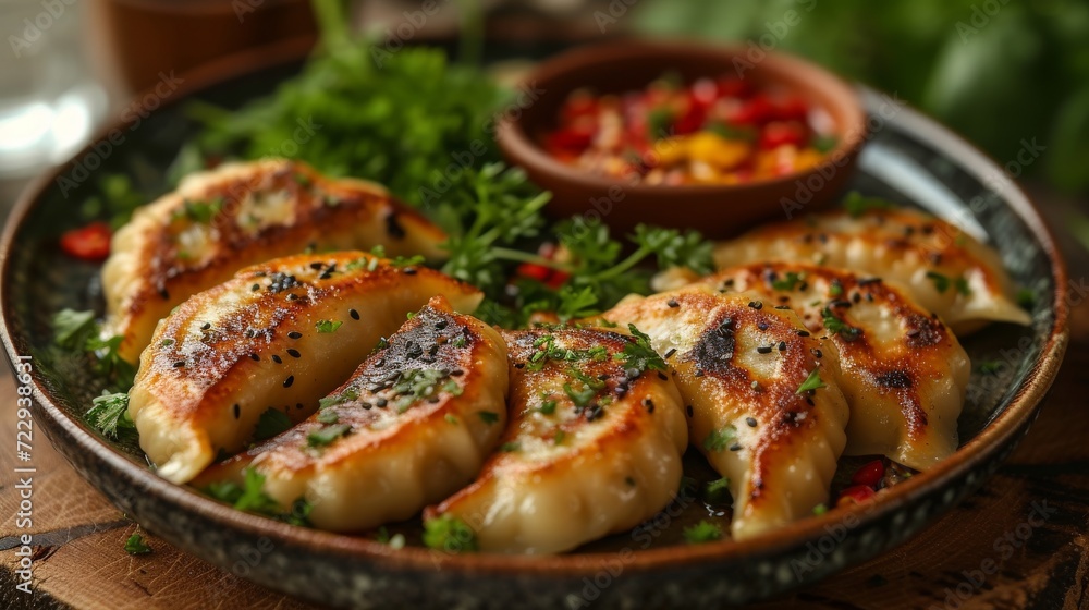 Dumplings Gyoza on a plate well decorated product photo Dumplings Gyoza on a plate well decorated product photo