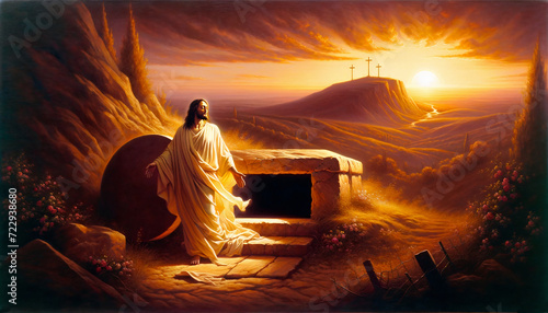 Oil painting illustration of resurrection of Jesus Christ with empty tomb
