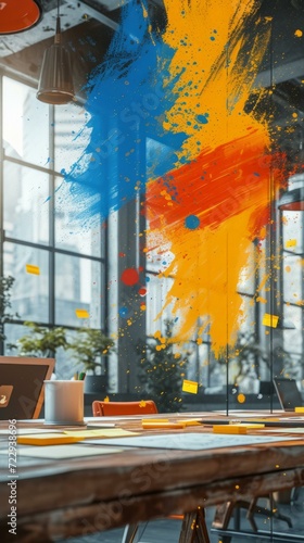 Abstract Colorful Paint Splashing on Glass Window in Office Environment © Molostock